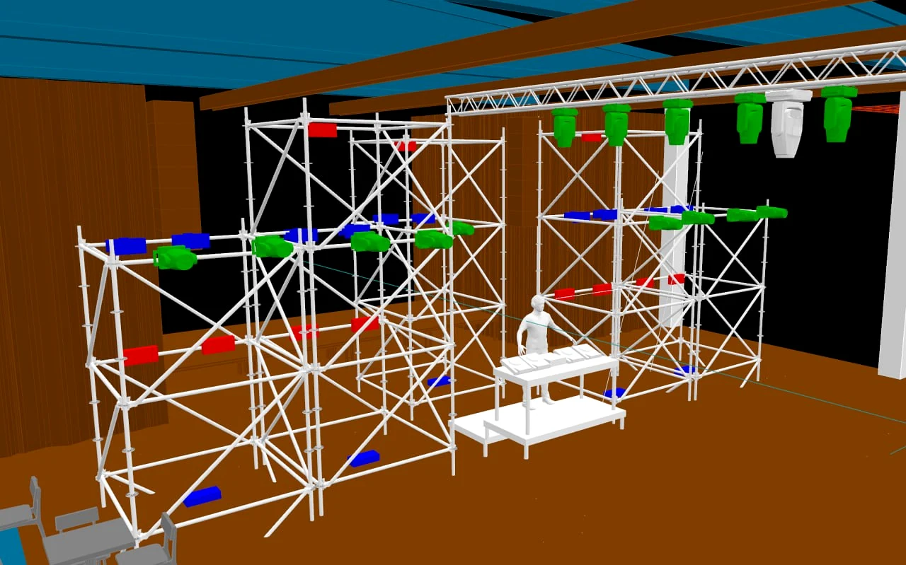 Scenos fermų ir kabinimo taškų techninis 3D brėžinys